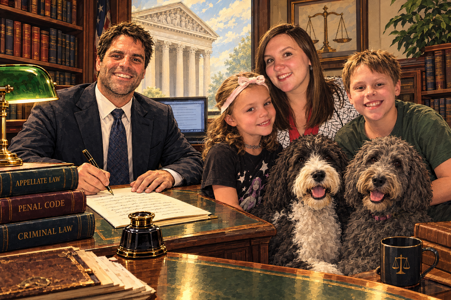 Illustrated split scene showing Carson Guy writing at a legal desk and with his wife, two children, and two Sheepadoodles.